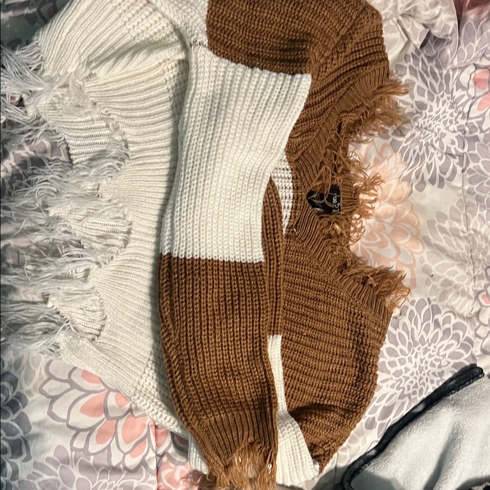 Rue21 Cream and Tan Fringe Sweater